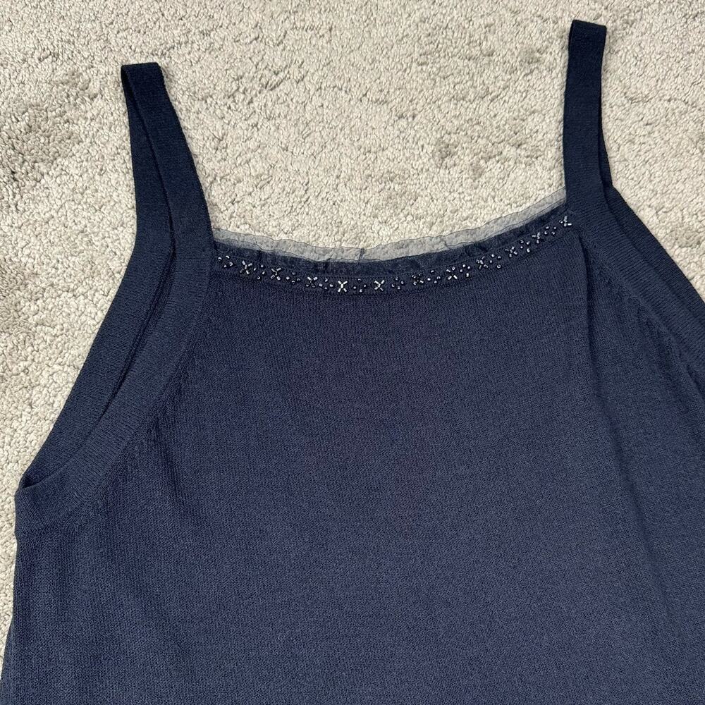 y2k 90s Beaded Ruffle Trim Knit Tank Top Navy Blue Dainty Size L NWT Deadstock